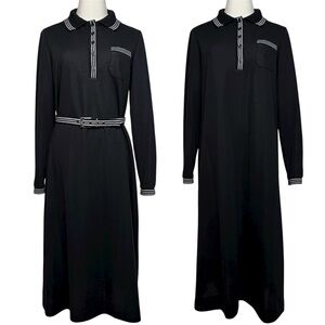 Vintage 70’s Kay Windsor Black White Stripe Collar Long Sleeve Pocket Dress 14